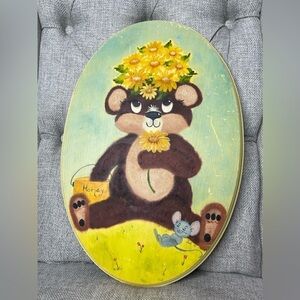 Vintage Hand Painted Bear & Mouse Flower Crown Art 70s Daisies Wooden Plaque